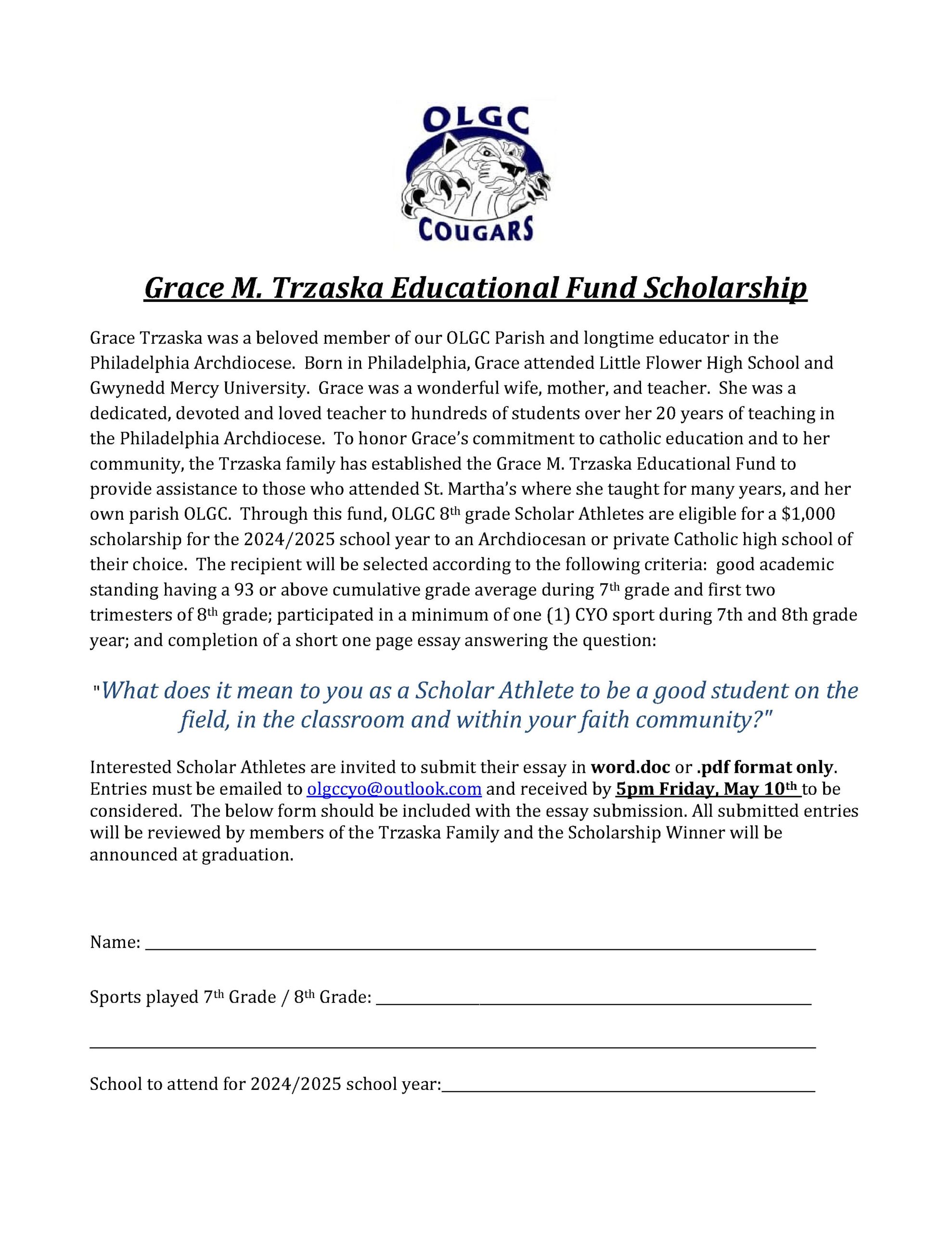 2024 Grace Trzaska Educational Fund Scholarship Application