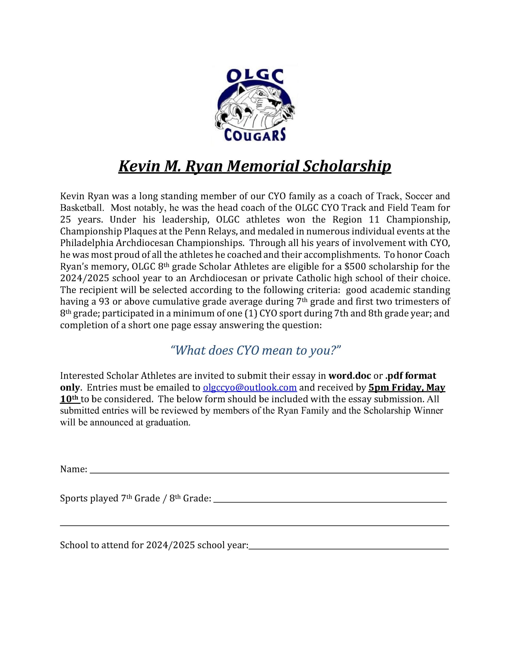 2024 Kevin M Ryan Memorial Scholarship Application