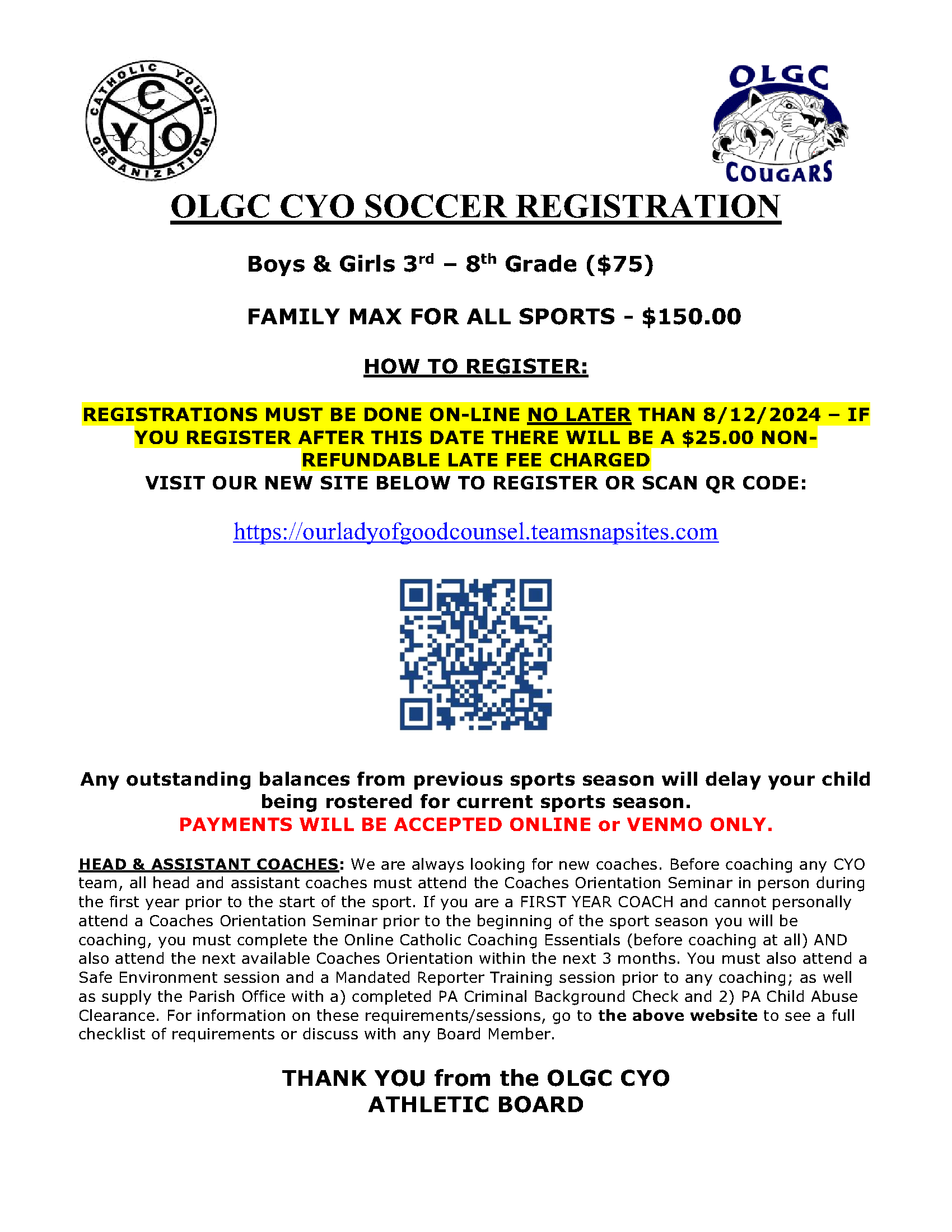 OLGC CYO 2024 Soccer Registration