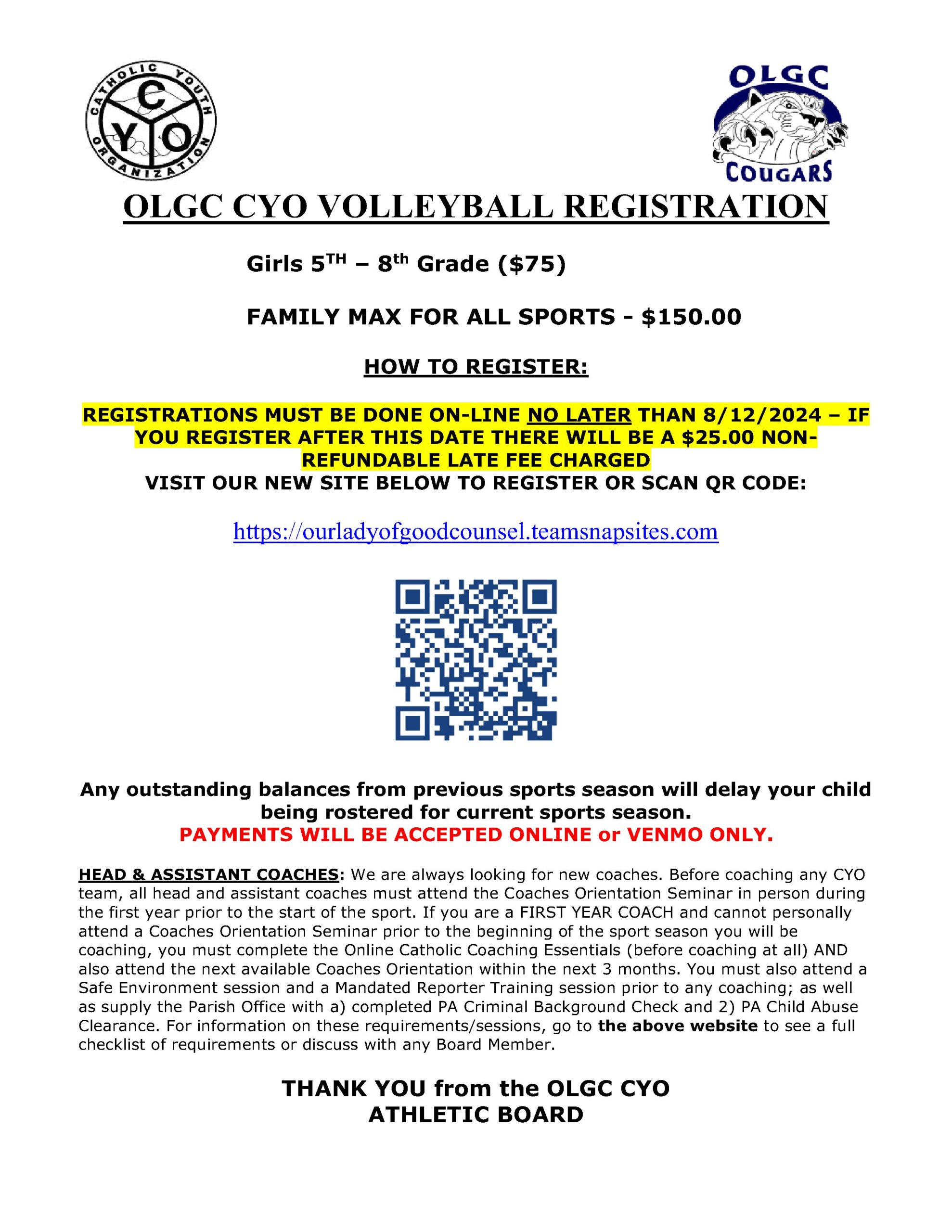 OLGC CYO 2024 Volleyball Registration