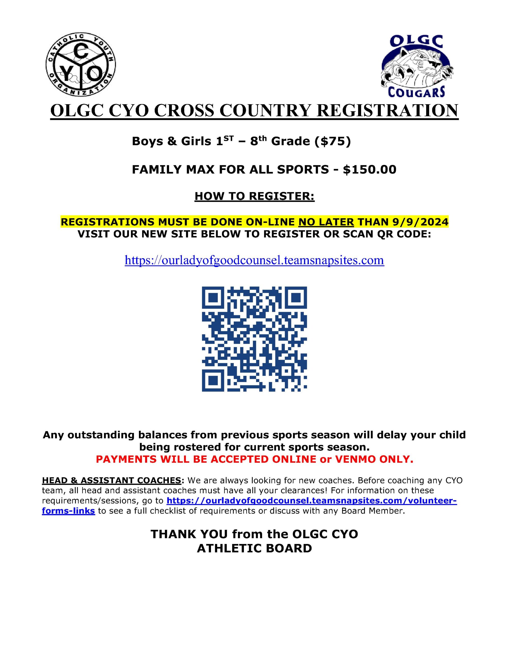 OLGC CYO 2024 Cross Country Registration