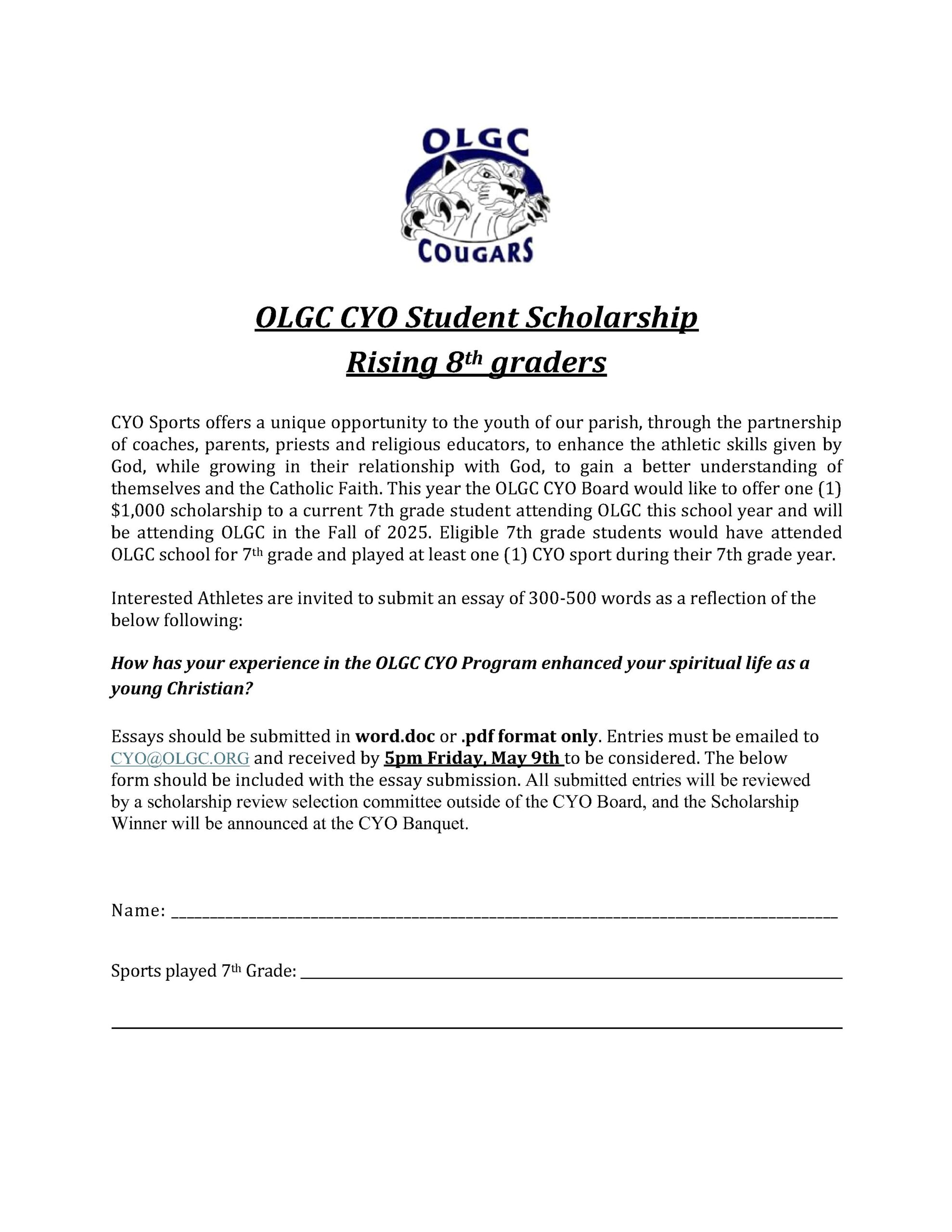 2025 CYO Student Scholarship Rising 8th grader Application