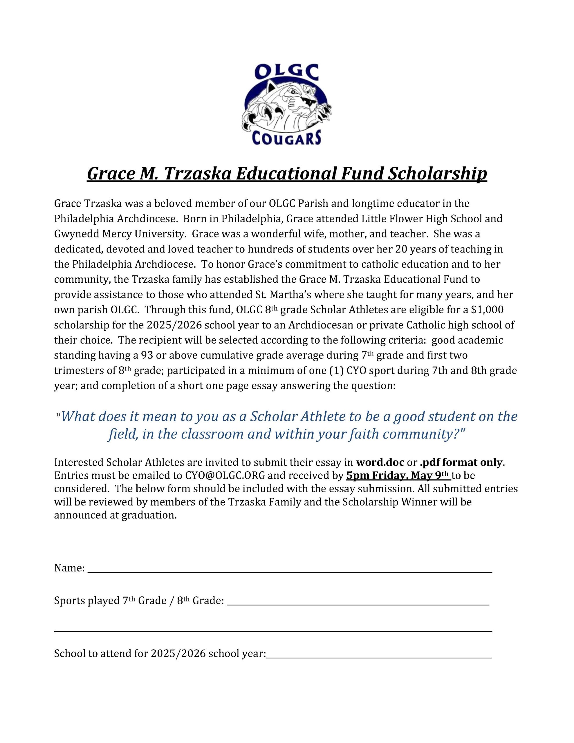 2025 Grace Trzaska Educational Fund Scholarship Application