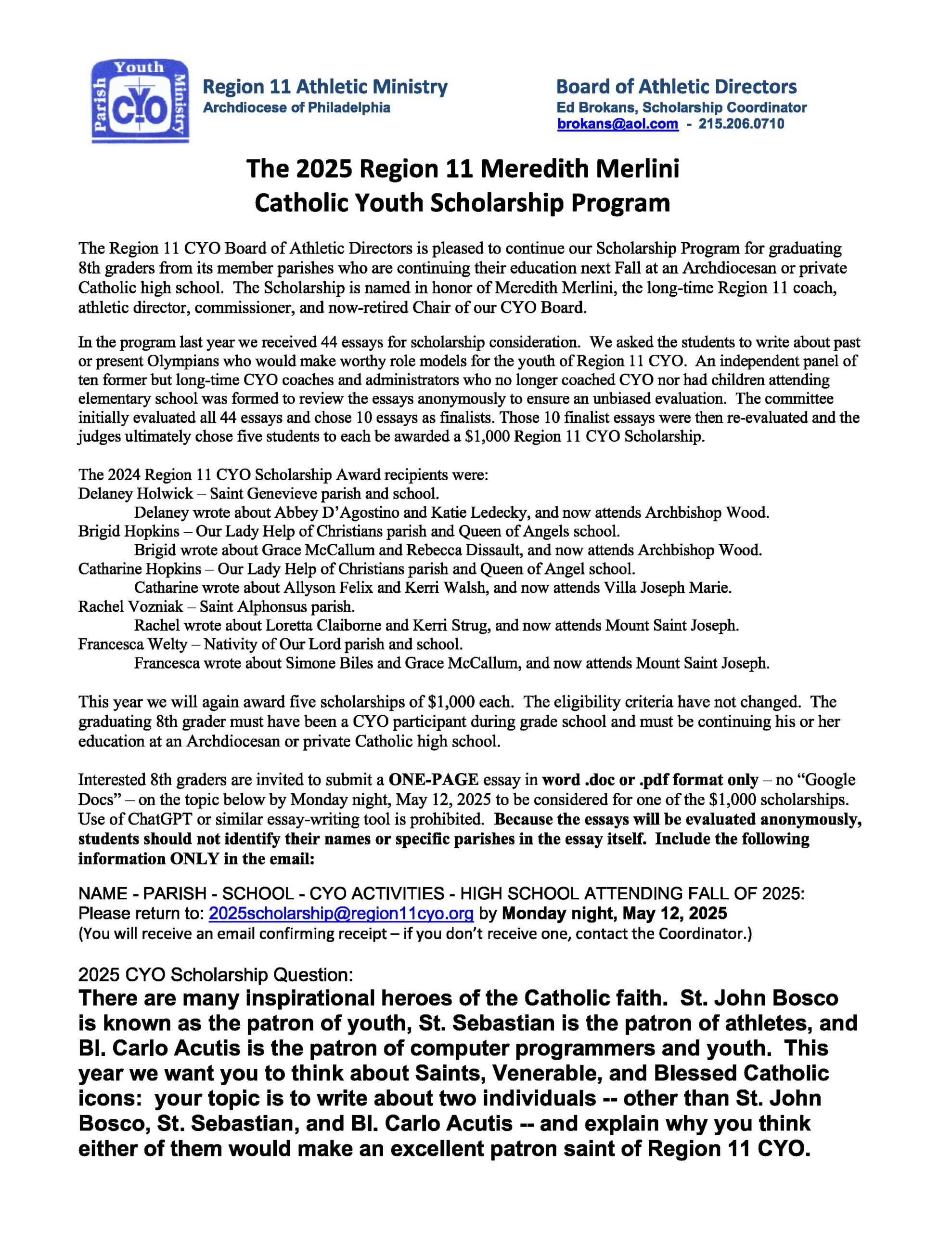 2025 Region 11 CYO Scholarship Flyer
