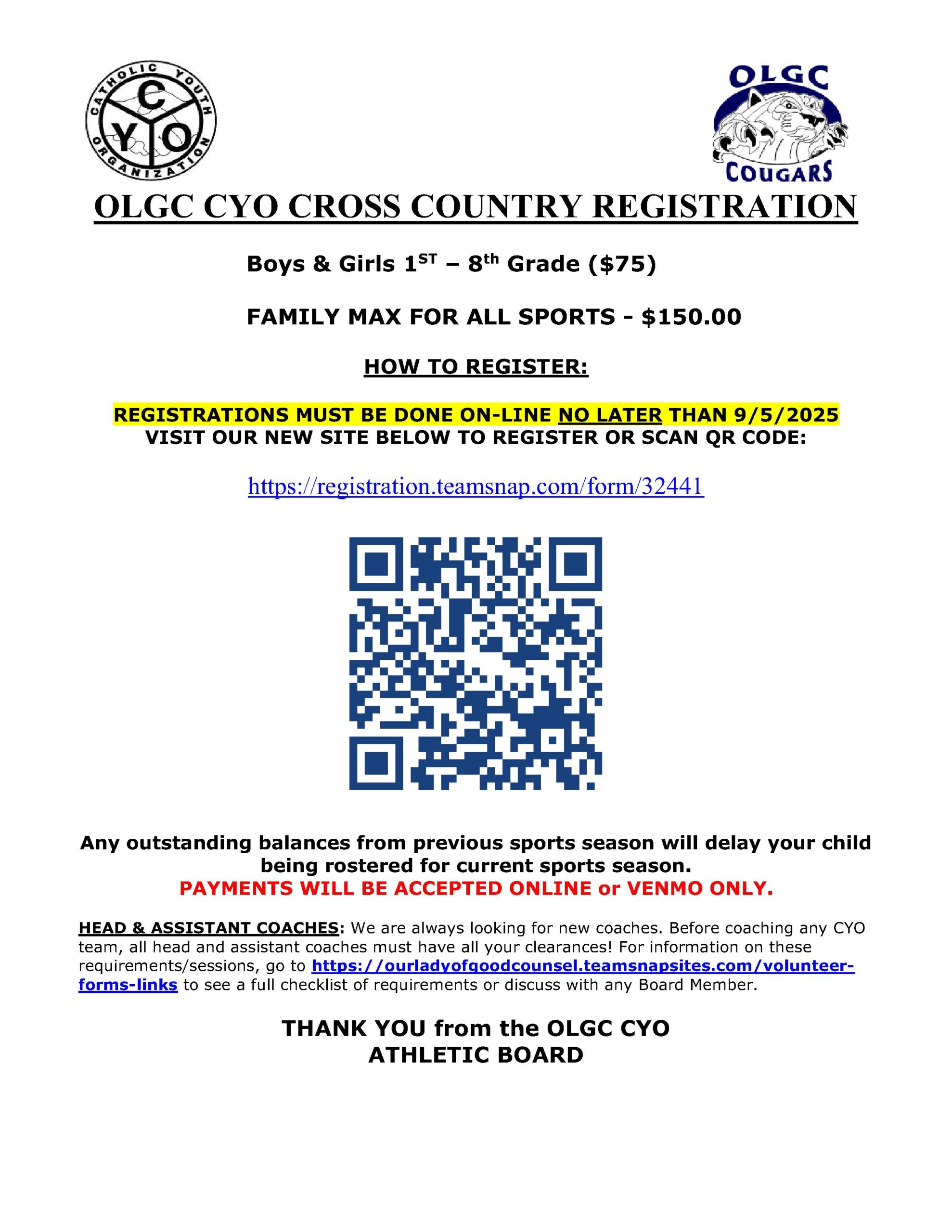 OLGC CYO 2025 Cross Country Registration