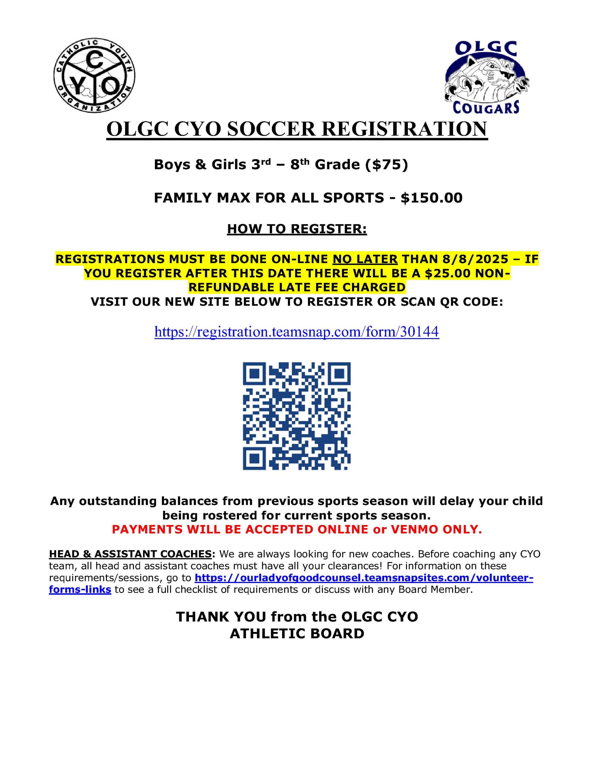 OLGC CYO 2025 Soccer Registration