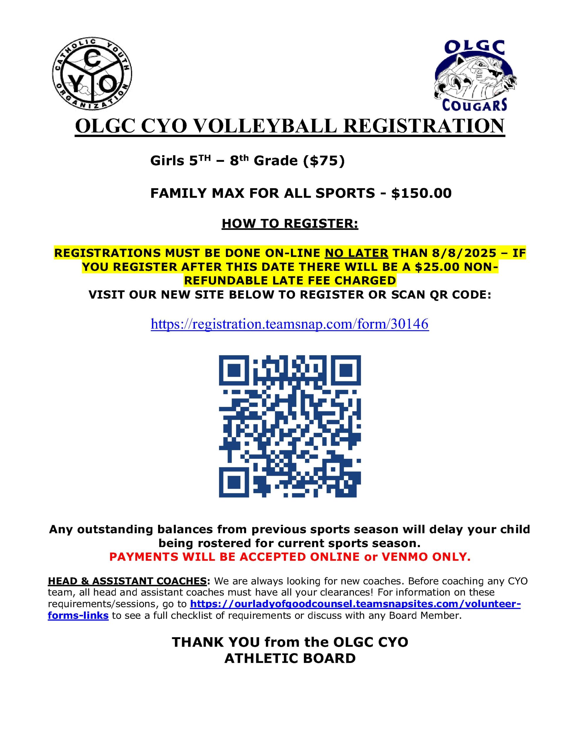 OLGC CYO 2025 Volleyball Registration