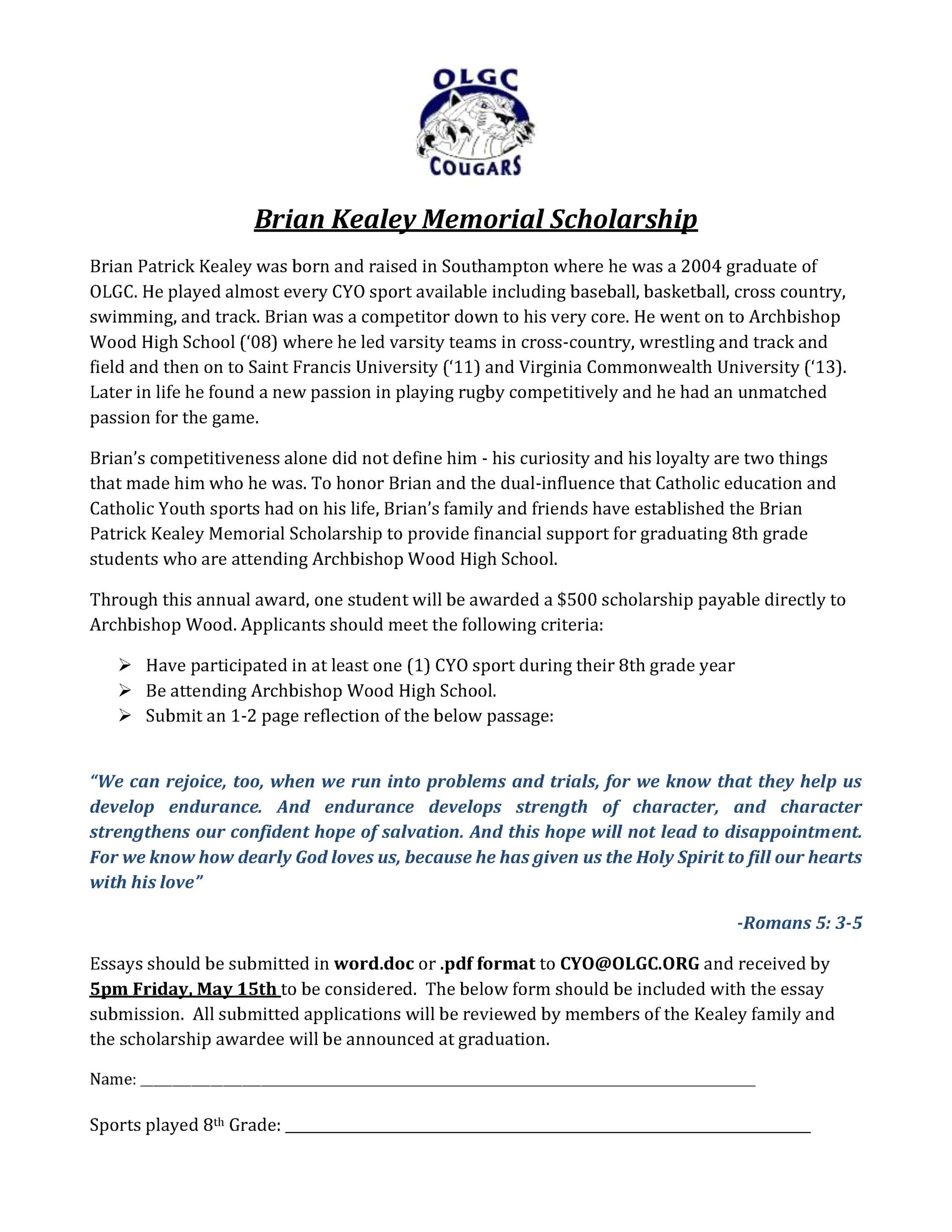2026 Brian Kealey Memorial Scholarship Application