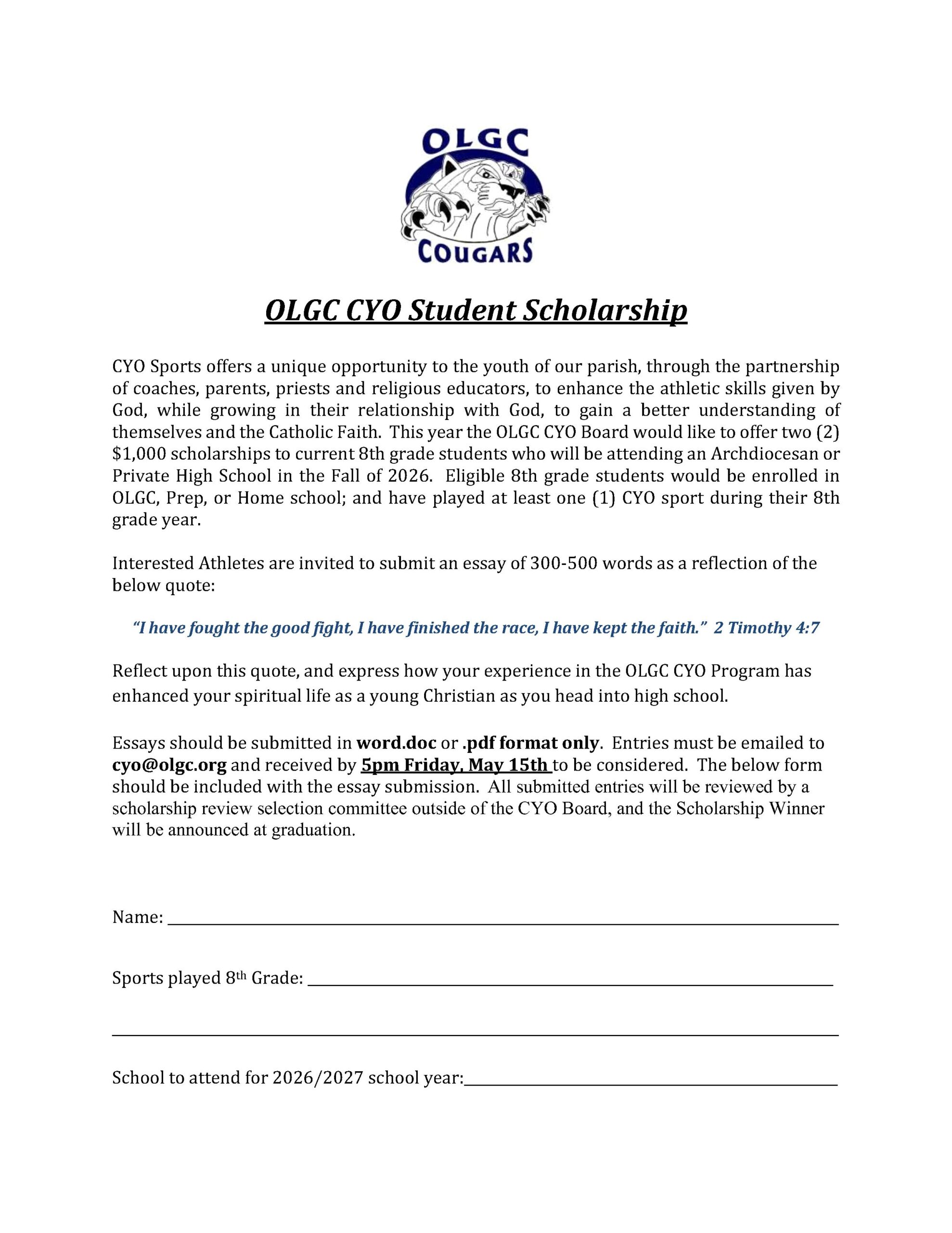 2026 CYO Student Scholarship Application