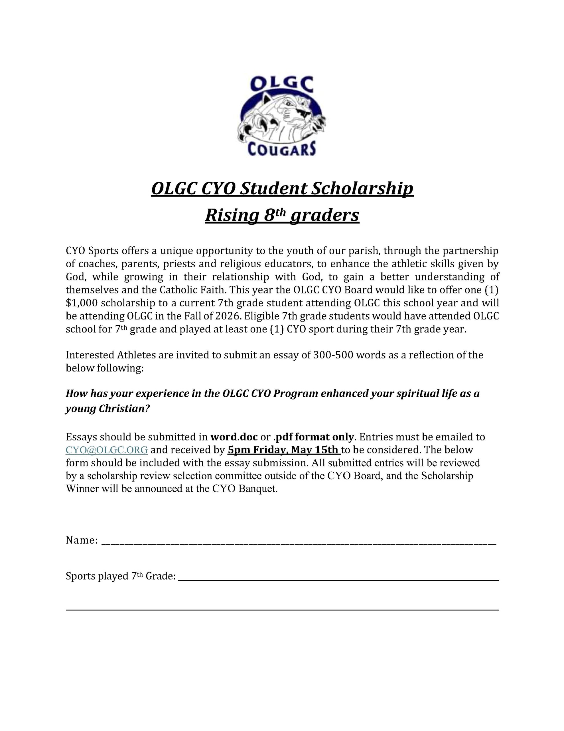 2026 CYO Student Scholarship Rising 8th grader Application