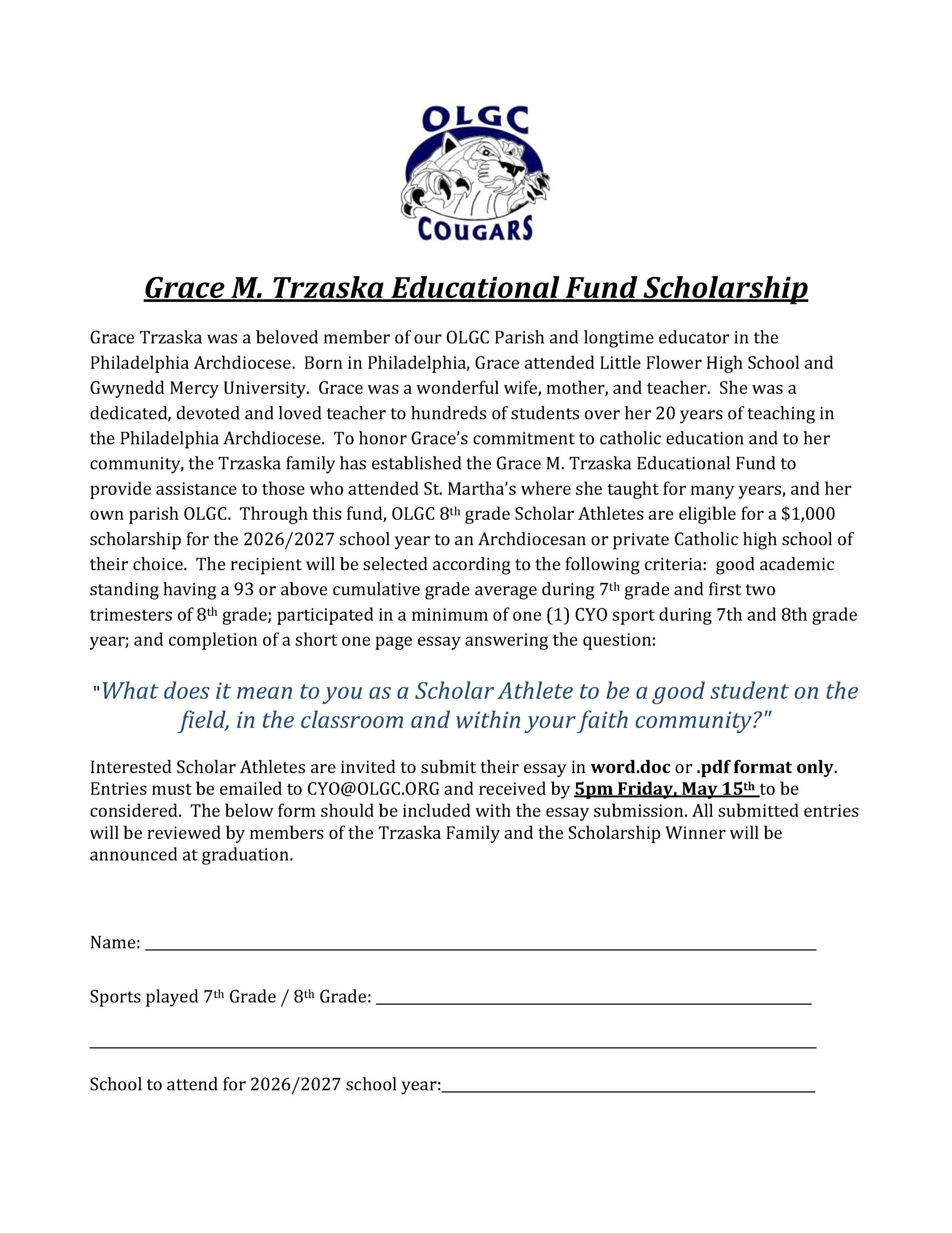 2026 Grace Trzaska Educational Fund Scholarship Application